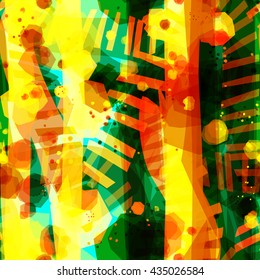 Yellow orange and green. Strips and spots. Offset, overlap, overlay, transparency. Abstract seamless vector pattern. Easy editing.
