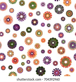 Yellow, orange, green, violet gradient spot flower seamless pattern on white. Mid century mod abstract floral geometric ornament for prints, textile, fabric, wrapping, package, cover, greeting card
