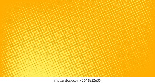 Yellow orange halftone background. Retro comic grain texture. Pixilated dots cartoon wallpaper. Pop art faded gradient pattern.