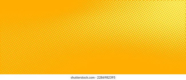 Yellow orange halftone pattern. Retro comic gradient background. Square pixilated dot cartoon texture. Pop art faded gradient pattern. Vector backdrop.