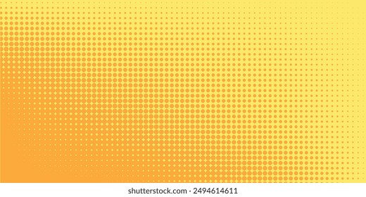 Patrón de semitonos naranja amarillo. Fondo de degradado de cómic retro. Textura cuadrada de dibujos animados de punto pixelado. Pop arte degradado patrón