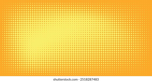 Yellow orange halftone pattern. Retro comic gradient background. Square pixilated dot cartoon texture. Pop art faded gradient pattern