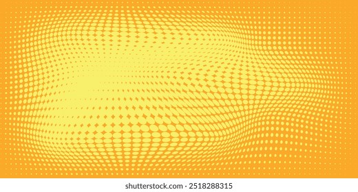 Yellow orange halftone pattern. Retro comic gradient background. Square pixilated dot cartoon texture. Pop art faded gradient pattern