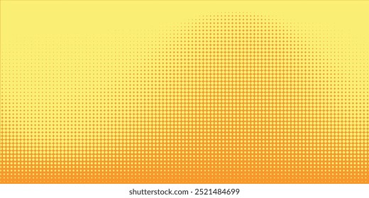 Yellow orange halftone pattern. Retro comic gradient background. Square pixilated dot cartoon texture. Pop art faded gradient pattern