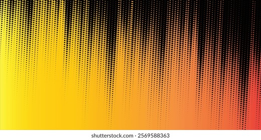 Yellow and orange halftone pattern. Retro comic gradient background. Black pixel dots texture overlay. Faded cartoon pop art gradient pattern. Vector background for posters, banners, advertising