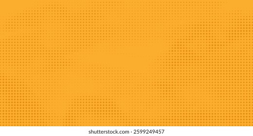Yellow orange halftone pattern. Retro comic gradient background. Square pixilated dot cartoon texture. Pop art faded gradient pattern