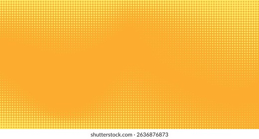 Yellow orange halftone pattern. Retro comic gradient background. Square pixilated dot cartoon texture. Pop art faded gradient pattern