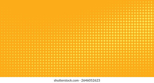 Yellow orange halftone pattern. Retro comic gradient background. Square pixilated dot cartoon texture. Pop art faded gradient pattern. Eps 10.