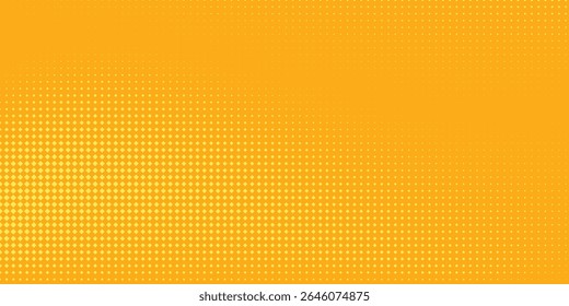 Yellow orange halftone pattern. Retro comic gradient background. Square pixilated dot cartoon texture. Pop art faded gradient pattern. Eps 10.