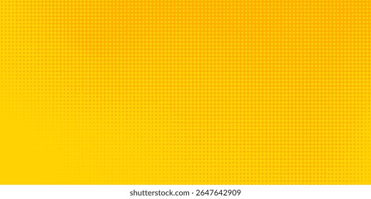 Patrón de semitono naranja amarillo. Fondo de degradado de cómic retro. Textura cuadrada pixilada de la historieta del punto. Patrón de degradado desvanecido de arte Pop. Vector de fondo.