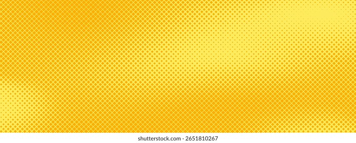 Yellow orange halftone pattern. Retro comic gradient background. Square pixilated dot cartoon texture. Pop art faded gradient pattern. Vector 
