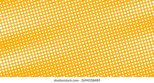 Yellow orange halftone pattern. Retro comic gradient background. Square pixilated dot cartoon texture. Pop art faded gradient pattern. Vector backdrop.