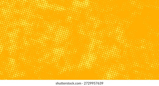 Gelbes und orangefarbenes Halbtonmuster. Retro-Comic-Farbverlauf-Hintergrund. Quadratische pixelige Punkt-Cartoon-Textur. Pop Art verblasste Farbverlauf-Muster. modernes Design