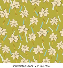 Yellow and orange hand drawn daffodils on green background with blue confetti vector repeat pattern