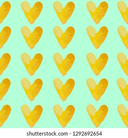 Yellow orange heart seamless pattern in watercolor. Vector illustration for wallpaper, banner, design