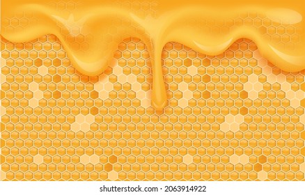 Yellow orange honeycomb background. Beehive with hexagon grid cells and flowing sweet honey drops. Geometric seamless texture. Realistic 3D vector illustration.