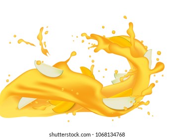 Yellow orange juice 3d illustration with slices of mango, peach, apricot, nectarine, apple. Pouring flowing wave splash for packaging template. Realistic organic healthy fruit product. Vector EPS10.