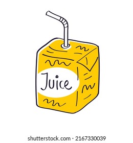 Caja de jugo de naranja amarillo con ilustración vectorial aislada de paja