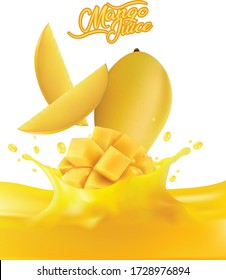 Yellow orange juice illustration with slices of mango. Pouring flowing wave splash for packaging template. Realistic organic healthy fruit product. Vector EPS.