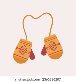 Yellow, orange knitted mittens with an ornament on a rope, isolated on a beige background. Wool mittens. Vector illustration in flat style