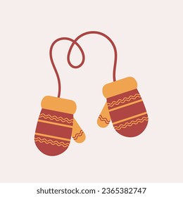 Yellow, orange knitted mittens with a red ornament on a rope, isolated on a beige background. Wool mittens. Vector illustration in flat style.