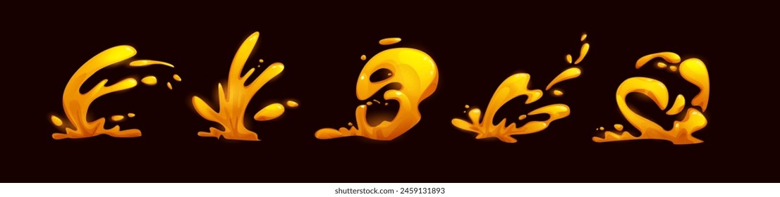 Yellow and orange lava fire splash effect. Cartoon vector illustration set of magma explosion liquid flash and flame. Volcano burst with drip and wave vfx. Game volcanic eruption energy blast.