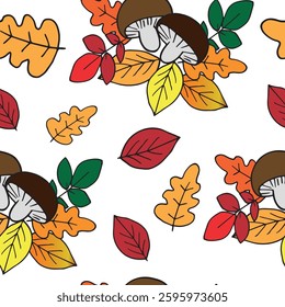 yellow and orange leaves and mushrooms vector autumn seamless pattern graphics doodle hand drawn illustration on white background base for textile tableware design and printing