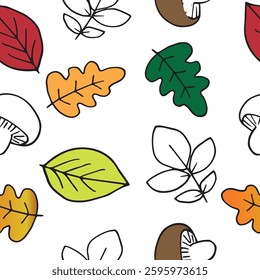 yellow and orange leaves and mushrooms vector autumn seamless pattern graphics doodle hand drawn illustration on white background base for textile tableware design and printing