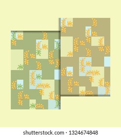 Yellow orange leaves. Pattern with vegetation and geometric elements. Set of two patterns. Pastel shades.	
