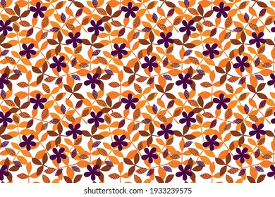yellow and orange leaves and purple abstract flowers on white background vector seamless pattern