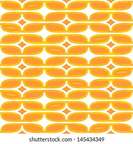 yellow orange leaves shaped rounded elements in regular horizontal rows geometrical retro seamless pattern on white background