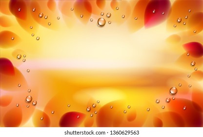 Yellow and orange leaves and water rain drops over blurred autumn nature background beyond, realistic bright vector illustration with copy space for text.