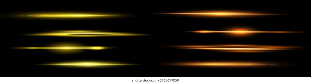 Yellow and orange lens flare rays with bright glowing light effect, a luminous spotlight atmosphere on dark background .Vector illustration.