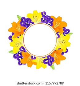 Yellow, Orange Lily and Blue Iris Flower Banner Wreath on White Background. Vector Illustration.