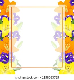 Yellow, Orange Lily and Blue Iris Flower Banner Card Border on White Background. Vector Illustration.