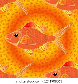 Yellow, orange and magenta fish vector seamless pattern.