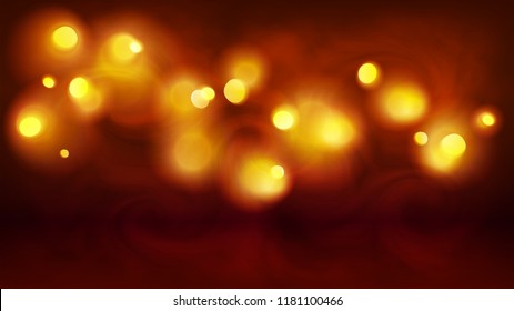 Yellow and orange magic bokeh lights in fog, vector holiday abstract background