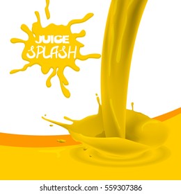 Yellow orange, mango juice 3D. Sweet smudges splashes drops on white background. Realistic package design products. Paint splat template, liquid drops. Vector illustration