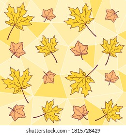 Gelbe und orangefarbene Ahornblätter auf gelbem, geometrischem Hintergrund. Polygonaler Hintergrund mit Herbstblättern. Vektornahtloses Muster für Tapeten, Umhüllungen, Verpackungen, Wrapper, Stoffdruck