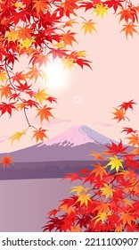 Yellow and orange maple leaves on the background of Mount Fuji. Autumn branches hang down from above. Vector vertical format.