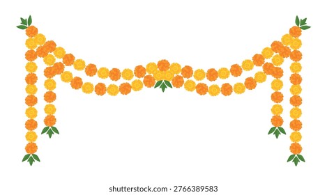 Yellow Orange Marigold Flower Border, Indian Toran Garland. Zendu Flowers flowers isolated on background. Festive Floral Party Decoration. Diwali, Halloween Dia de los Muertos, Vector Illustration