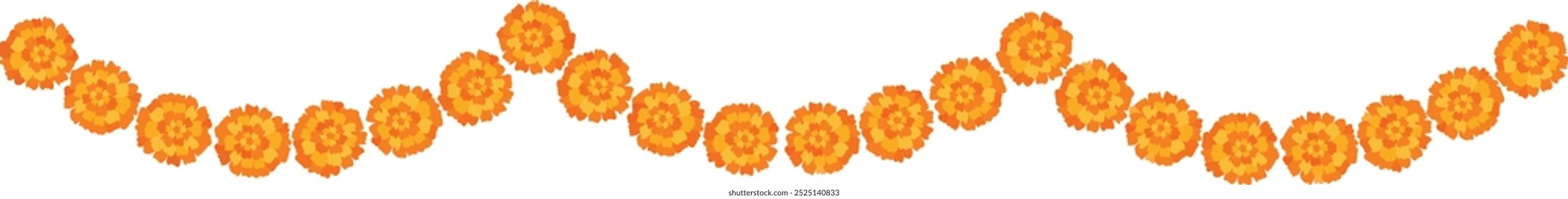 Yellow orange marigold flowers border. Indian traditional floral festive garland toran. Zendu flowers isolated on background Party decor for Halloween, Dia de los Muertos holiday. Vector illustration