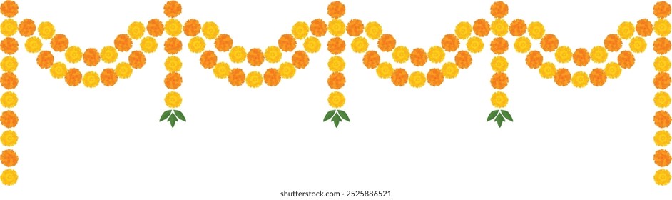 Flores de calêndula laranja amarela. Índia tradicional floral festivo guirlanda toran. Zendu flores isoladas no fundo Decoração de festa. Diwali, Dia das Bruxas de los Muertos feriado. Ilustração vetorial