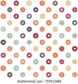 Yellow orange melon turquoise purple red spot flower seamless pattern on white. Mid century mod abstract floral geometric ornament for prints, textile, fabric, wrapping, package, cover, greeting card