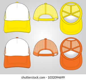 Yellow & Orange Mesh Trucker Cap Design With White Front Panel Vector.
