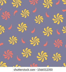 Yellow and orange motifs on a grey background. Seamless Pattern Print Background