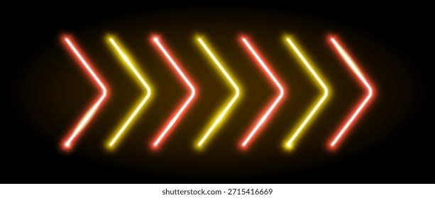 Elemento de flecha de neón naranja amarillo. Señal de dirección led brillante. Lámparas de tubo brillante en forma de punta de flecha. Efecto fluorescente luminoso brillante del puntero para el Anuncio, cartel, logotipo. Vector de luces led de neón