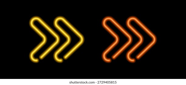 Yellow and orange neon arrow element. Glowing led direction sign. Shine tube lamps in arrowhead shape. Bright luminous fluorescent pointer effect for banner, poster, logo. Vector neon led lights