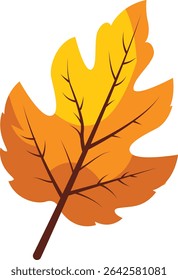 Ilustração de folha de carvalho amarelo e laranja com veias visíveis, adequado para cartazes sazonais, cartões de saudação, convites, scrapbooking, artesanato e decorações temáticas de Ação de Graças.

