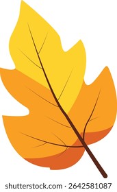 Gelbe und orangefarbene Eichenblattgrafik mit sichtbaren Adern, perfekt für saisonale Einladungen, Grußkarten, Kunsthandwerk, Poster, Scrapbooking und Dekorationen zum Thema Thanksgiving.